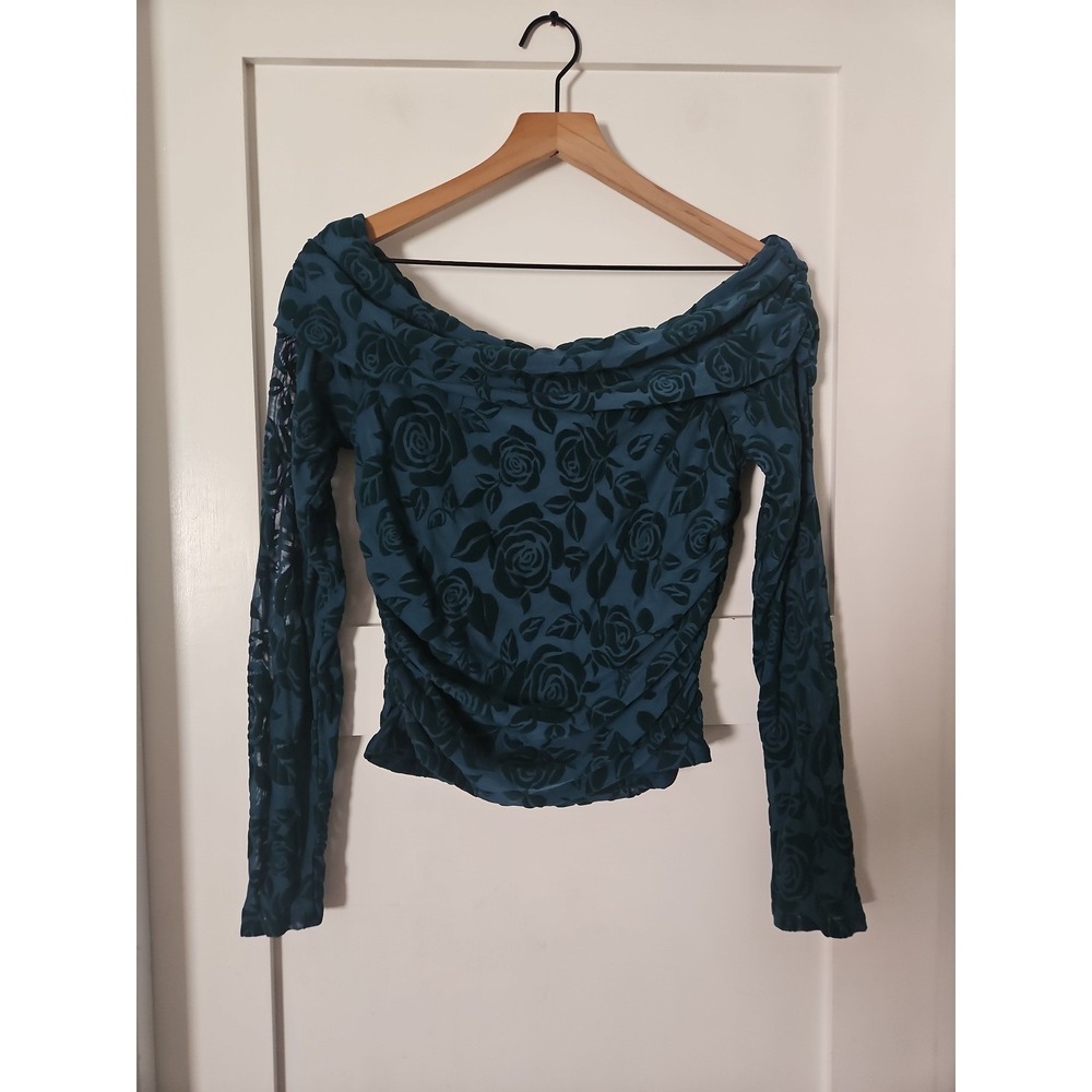 Wild Fable Burnout Velvet Rose Off Shoulder Top Teal Large Y2K Indie - Picture 2 of 12
